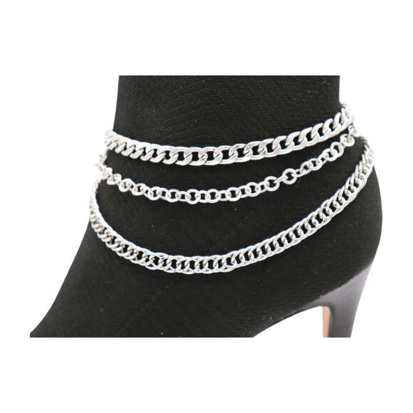NEW Women Silver Boot Chain Bracelet Shoe 3 Strands Wave Charm Shoe Anklet SET - Picture 5 of 17